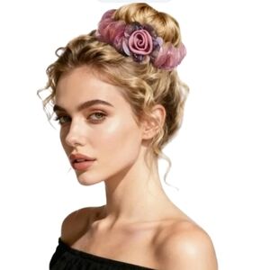 🆕 Bridesmaid Romantic Pink Rose Bun Scrunchie Hair Accessory for Women